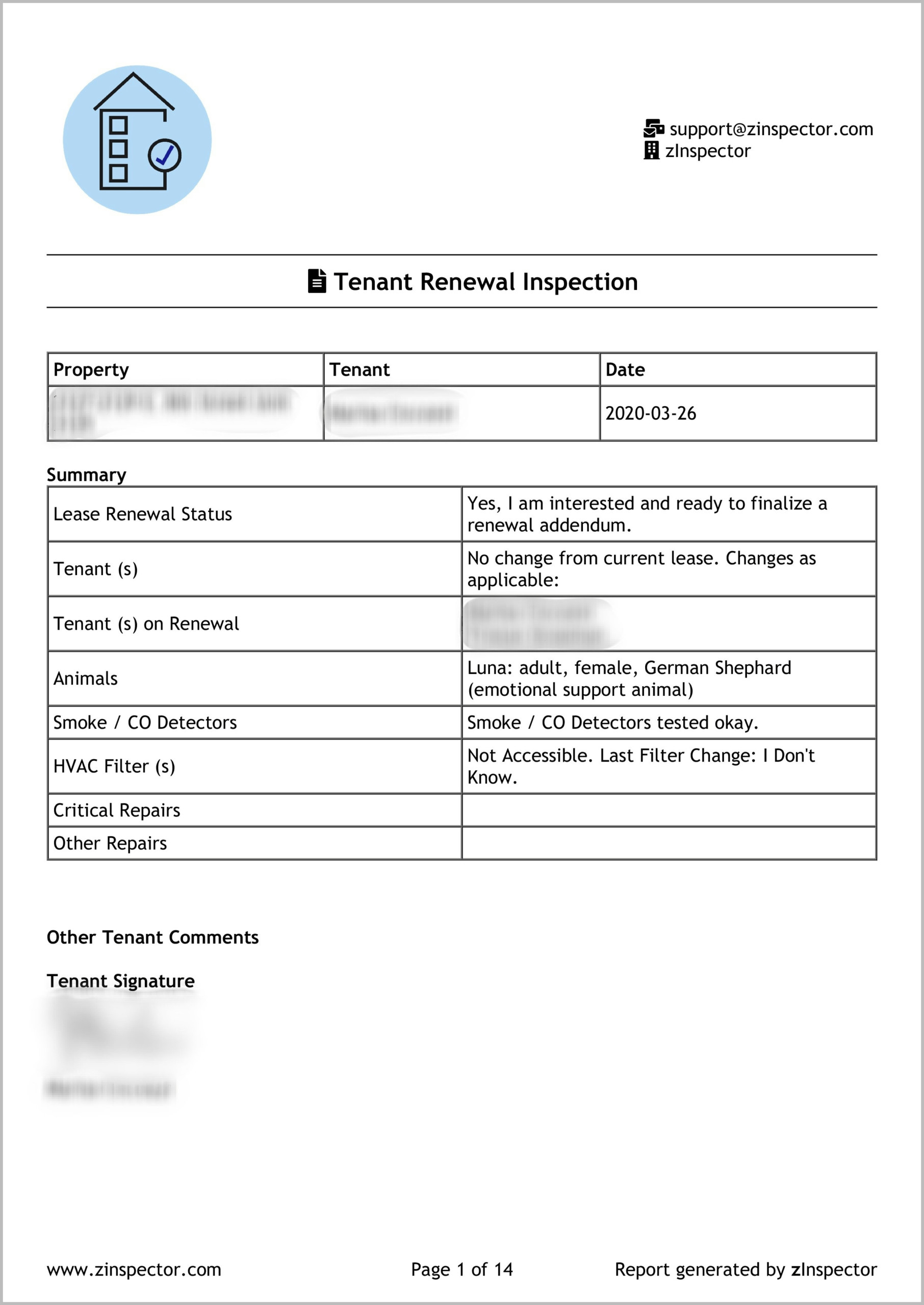 21.21 Tenant-Completed Inspection Report – Actual Sample In Property Management Inspection Report Template